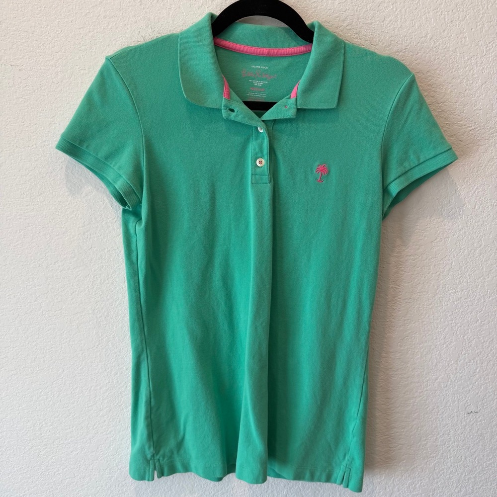 Lilly Pulitzer Island Polo Shirt Green Pink Palm Tree Embroidery Medium